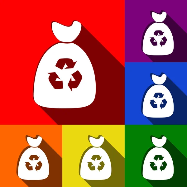 Icono de bolsa de basura. Vector. Conjunto de iconos con sombras planas en fondo rojo, naranja, amarillo, verde, azul y violeta . — Archivo Imágenes Vectoriales