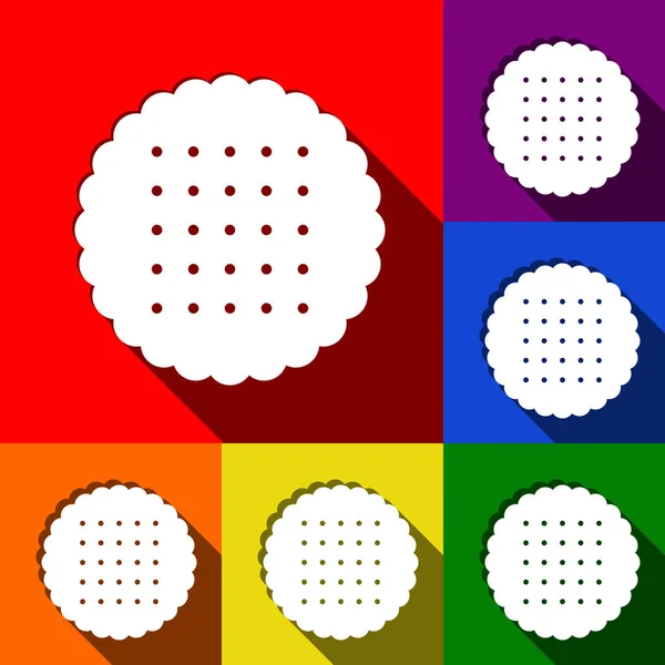 Ilustración de signos piramidales. Vector. Conjunto de iconos con sombras planas en fondo rojo, naranja, amarillo, verde, azul y violeta . — Archivo Imágenes Vectoriales