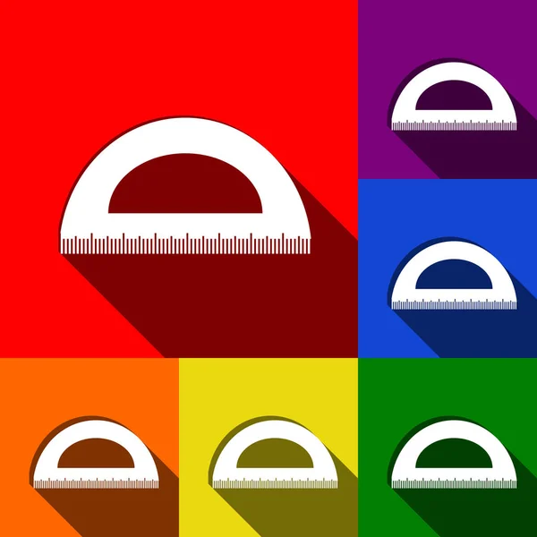 Illustrazione del segno del righello. Vettore. Set di icone con ombre piatte su sfondo rosso, arancione, giallo, verde, blu e viola . — Vettoriale Stock