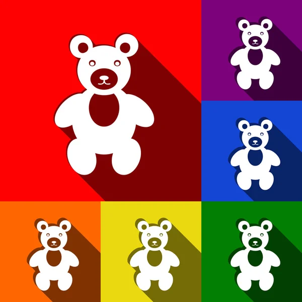 Teddybeer ondertekenen illustratie. Vector. Set van pictogrammen met platte schaduwen op de rode, oranje, geel, groen, blauw en violet achtergrond. — Stockvector