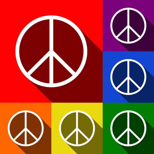 Illustration du signe de paix. Vecteur. Ensemble d'icônes avec des ombres plates à fond rouge, orange, jaune, vert, bleu et violet . — Image vectorielle