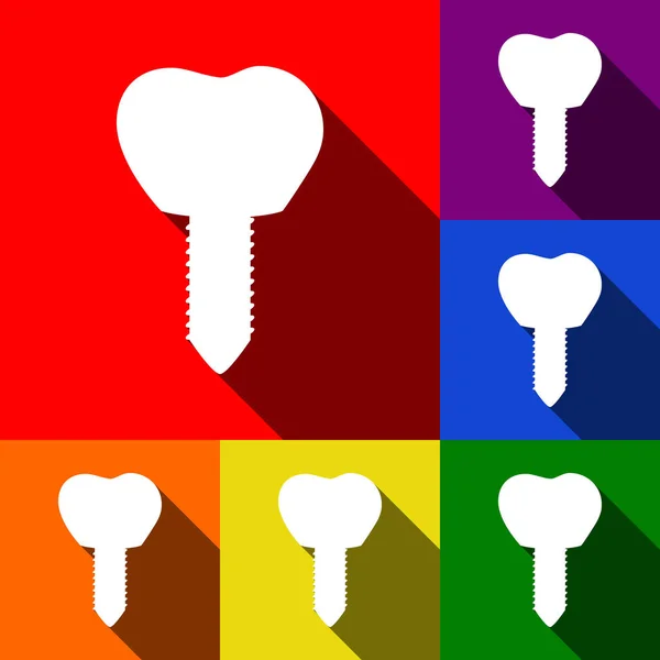 Illustration du signe de l'implant dentaire. Vecteur. Ensemble d'icônes avec des ombres plates à fond rouge, orange, jaune, vert, bleu et violet . — Image vectorielle