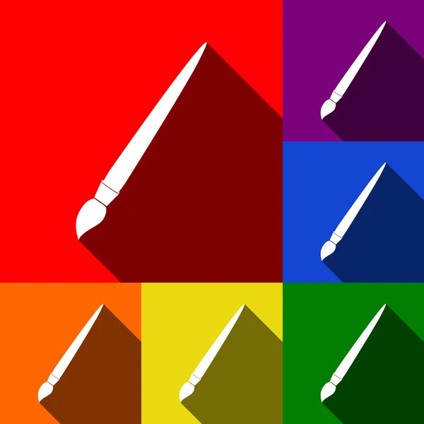 Pinselzeichenillustration. Vektor. Icons mit flachen Schatten auf rotem, orangefarbenem, gelbem, grünem, blauem und violettem Hintergrund. — Stockvektor