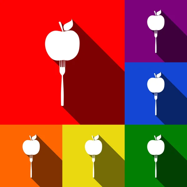 Vegetarisches Essen Zeichen Illustration. Vektor. Icons mit flachen Schatten auf rotem, orangefarbenem, gelbem, grünem, blauem und violettem Hintergrund. — Stockvektor