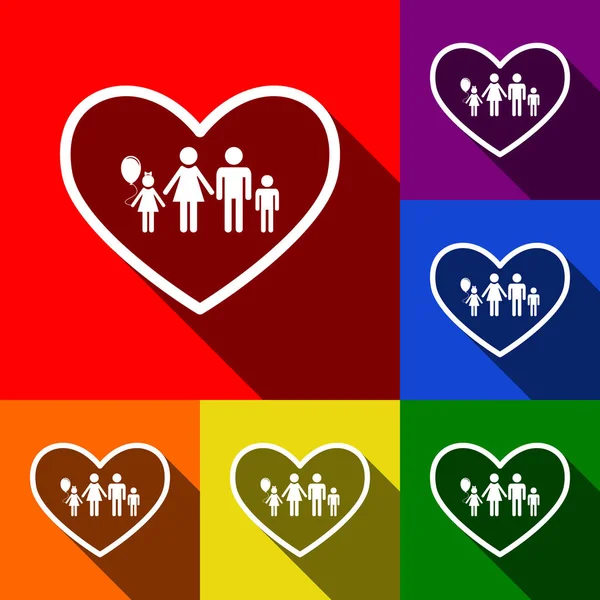 Illustration de signe de famille en forme de coeur. Vecteur. Ensemble d'icônes avec des ombres plates à fond rouge, orange, jaune, vert, bleu et violet . — Image vectorielle