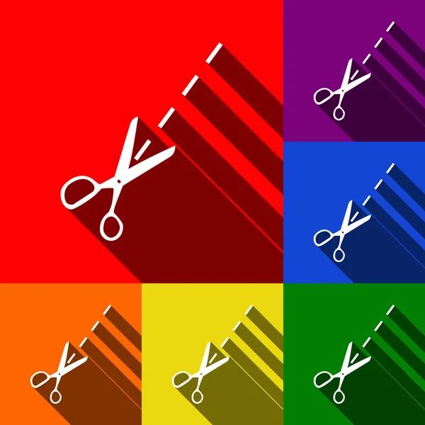 Ilustração do sinal da tesoura. Vector. Conjunto de ícones com sombras planas em fundo vermelho, laranja, amarelo, verde, azul e violeta . —  Vetores de Stock