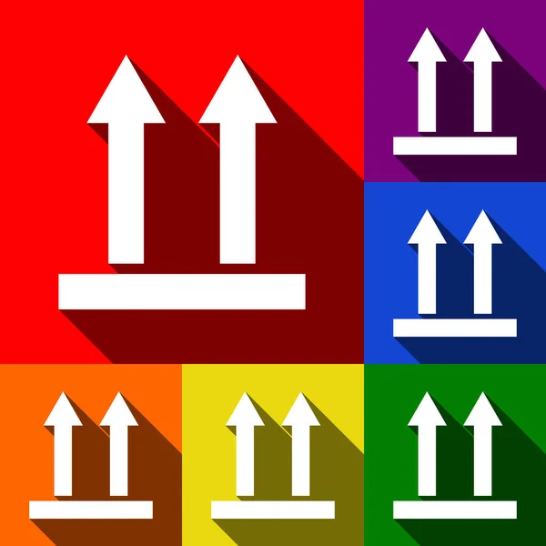Logistyczne znak strzałki. Wektor. Zestaw ikon z płaskich cienie w tle czerwony, pomarańczowy, żółty, zielony, niebieski i fioletowe. — Wektor stockowy
