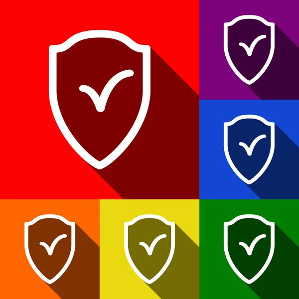 Teken van het schild als bescherming en verzekering symbool Vector. Set van pictogrammen met platte schaduwen op de rode, oranje, geel, groen, blauw en violet achtergrond. — Stockvector