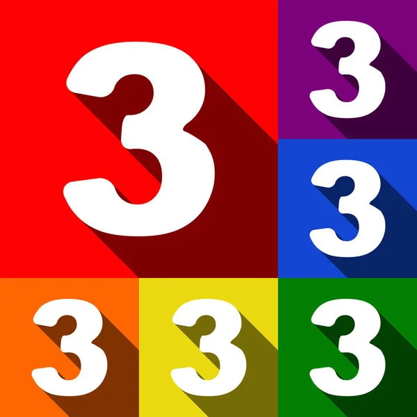 Número 3 elemento modelo de design de sinal. Vector. Conjunto de ícones com sombras planas em fundo vermelho, laranja, amarelo, verde, azul e violeta . — Vetor de Stock