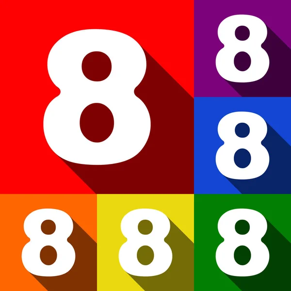 Numero 8 segno elemento modello di design. Vettore. Set di icone con ombre piatte su sfondo rosso, arancione, giallo, verde, blu e viola . — Vettoriale Stock