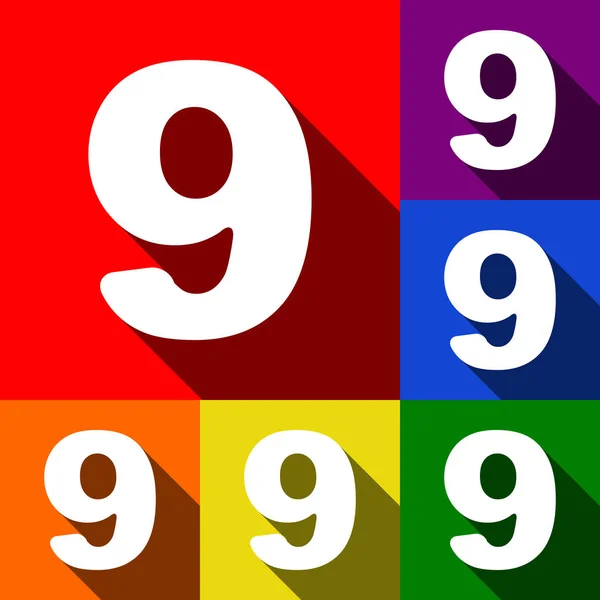 Número 9 elemento de plantilla de diseño de signo. Vector. Conjunto de iconos con sombras planas en fondo rojo, naranja, amarillo, verde, azul y violeta . — Archivo Imágenes Vectoriales