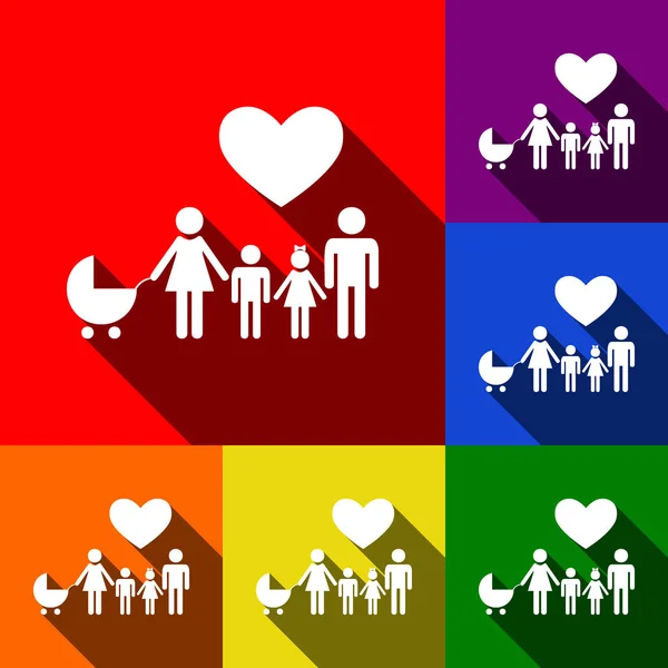 Signe de famille avec cœur. Mari et femme sont gardés les mains des enfants. Vecteur. Ensemble d'icônes avec des ombres plates à fond rouge, orange, jaune, vert, bleu et violet . — Image vectorielle