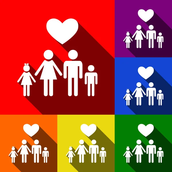 Familie symbool met hart. Man en vrouw zijn hield childrens handen. Liefde. Vector. Set van pictogrammen met platte schaduwen op de rode, oranje, geel, groen, blauw en violet achtergrond. — Stockvector