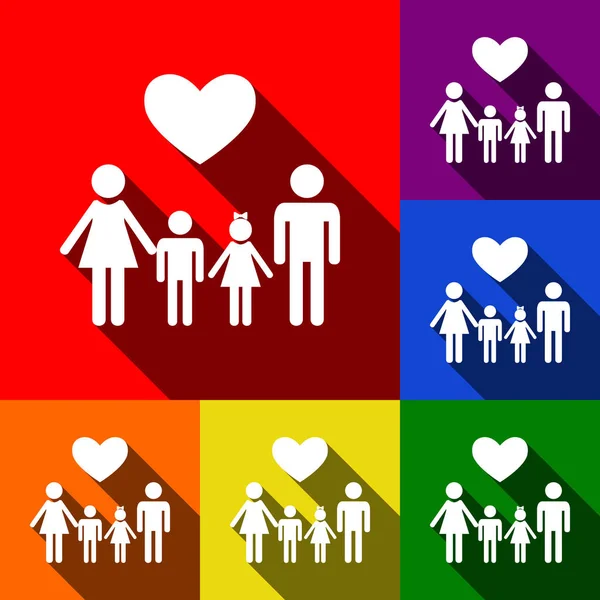 Family symbol with heart. Husband and wife are kept childrens hands. Vector. Set of icons with flat shadows at red, orange, yellow, green, blue and violet background. — Stock Vector