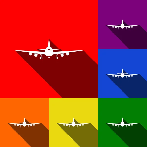 Sinal de avião voador. Vista frontal. Vector. Conjunto de ícones com sombras planas em fundo vermelho, laranja, amarelo, verde, azul e violeta . — Vetor de Stock