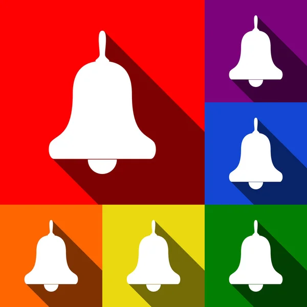 Bell Alarm, handbell sign. Vector. Set of icons with flat shadows at red, orange, yellow, green, blue and violet background. — Stock Vector