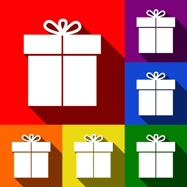 Sinal de presente. Vector. Conjunto de ícones com sombras planas em fundo vermelho, laranja, amarelo, verde, azul e violeta . — Vetor de Stock