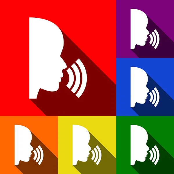 Människor tala eller sjunga logga. Vektor. Uppsättning ikoner med platt skuggor i röd, orange, gul, grön, blå och lila bakgrund. — Stock vektor