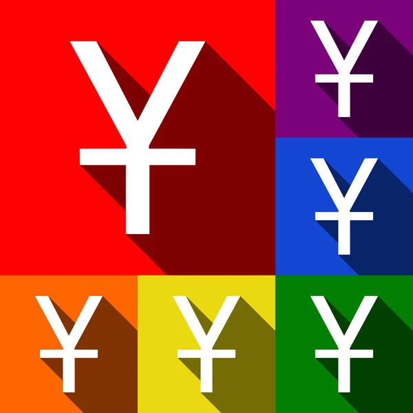 Kínai jüan jele. Vektor. Lapos árnyékok a piros, narancs, sárga, zöld, kék és lila háttér ikonok. — Stock Vector