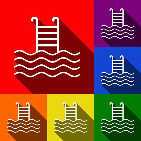 Bazén znamení. Vektor. Sada ikon s ploché stíny v červené, oranžové, žluté, zelené, modré a fialové pozadí. — Stockový vektor