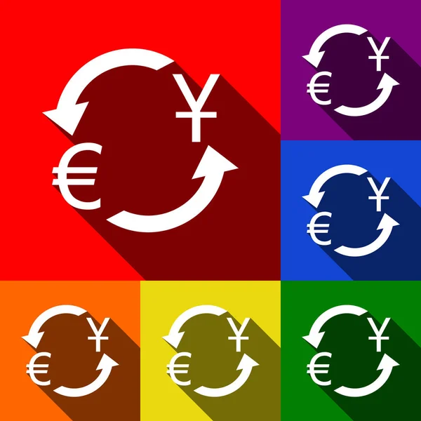 Signo de cambio de divisas. Dólar y euro. Vector. Conjunto de iconos con sombras planas en fondo rojo, naranja, amarillo, verde, azul y violeta . — Vector de stock