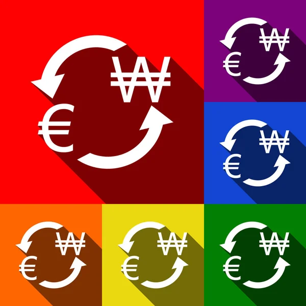 Signo de cambio de divisas. Euro y Corea del Sur ganó. Vector. Conjunto de iconos con sombras planas en fondo rojo, naranja, amarillo, verde, azul y violeta . — Vector de stock