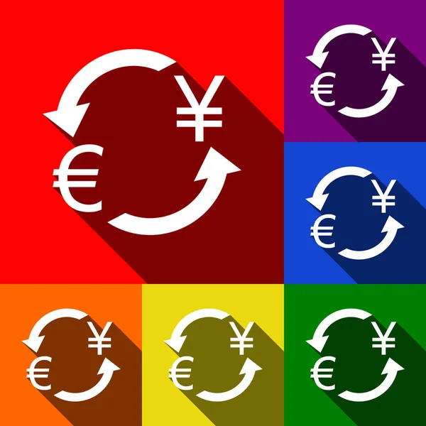 Signo de cambio de divisas. Euro y Japón Yen. Vector. Conjunto de iconos con sombras planas en fondo rojo, naranja, amarillo, verde, azul y violeta . — Vector de stock