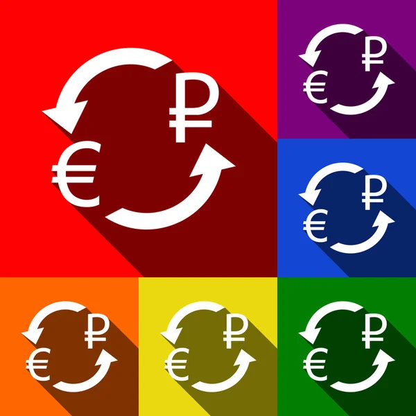 Signe de change. Euro et Rouble russe. Vecteur. Ensemble d'icônes avec des ombres plates à fond rouge, orange, jaune, vert, bleu et violet . — Image vectorielle