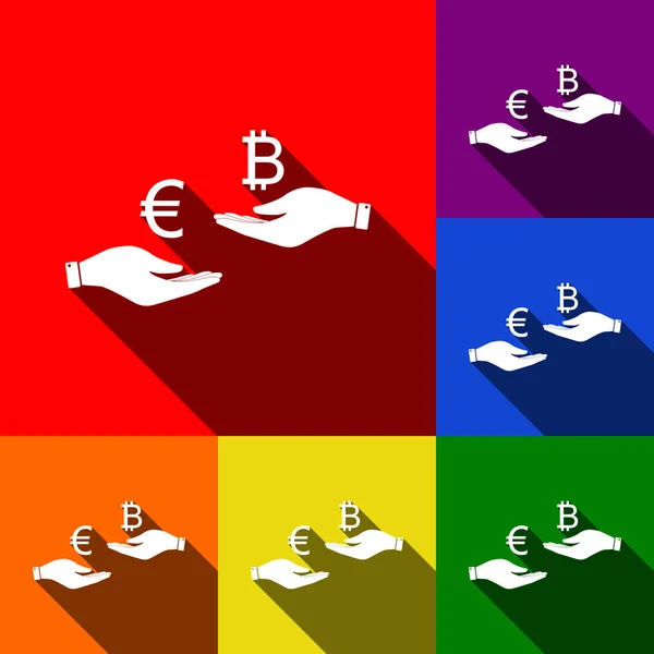 Currency exchange from hand to hand. Euro an Bitcoin. Vector. Set of icons with flat shadows at red, orange, yellow, green, blue and violet background. — Stock Vector
