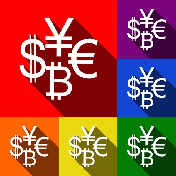 Moneda dólar de recogida de signos, euro, bitcoin, yen. Vector. Conjunto de iconos con sombras planas en fondo rojo, naranja, amarillo, verde, azul y violeta . — Vector de stock