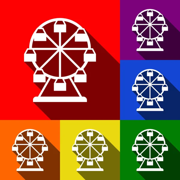 Riesenrad-Schild. Vektor. Icons mit flachen Schatten auf rotem, orangefarbenem, gelbem, grünem, blauem und violettem Hintergrund. — Stockvektor