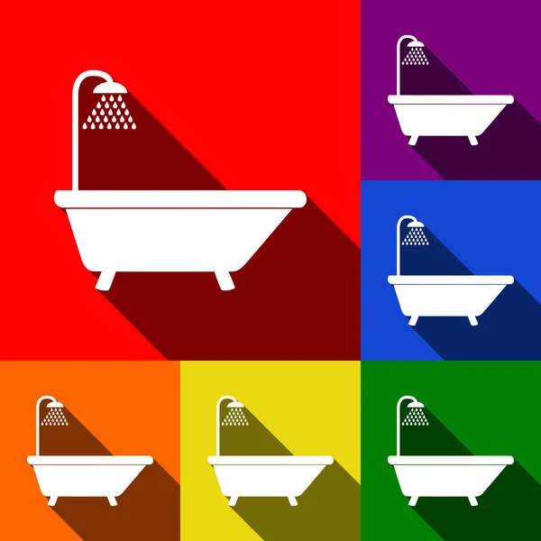 Segno vasca da bagno. Vettore. Set di icone con ombre piatte su sfondo rosso, arancione, giallo, verde, blu e viola . — Vettoriale Stock