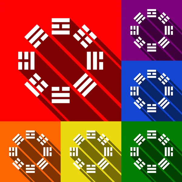Firma Bagua. Vettore. Set di icone con ombre piatte su sfondo rosso, arancione, giallo, verde, blu e viola . — Vettoriale Stock