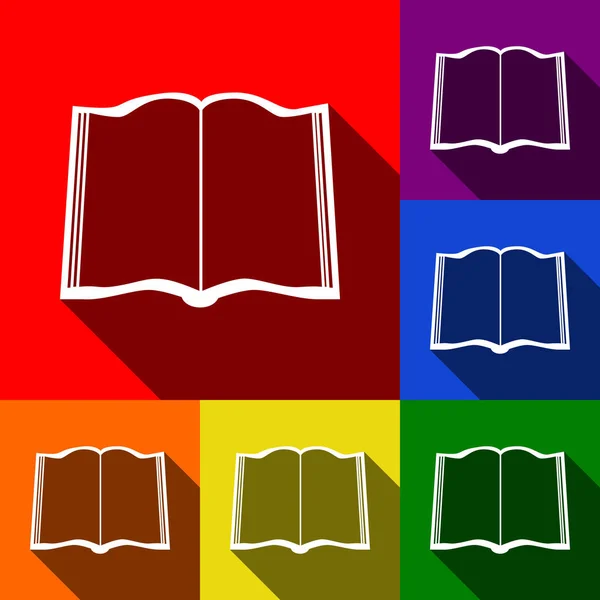 Boka tecken. Vektor. Uppsättning ikoner med platt skuggor i röd, orange, gul, grön, blå och lila bakgrund. — Stock vektor