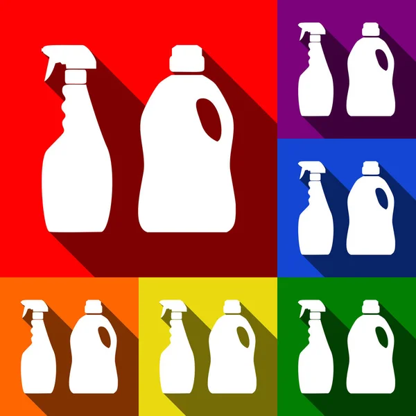 Haushalt Chemieflaschen Zeichen. Vektor. Icons mit flachen Schatten auf rotem, orangefarbenem, gelbem, grünem, blauem und violettem Hintergrund. — Stockvektor