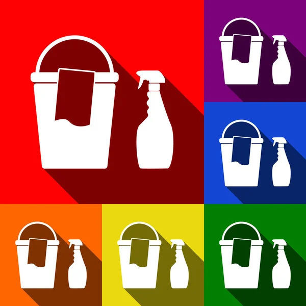 Eimer und Lappen mit chemischen Haushaltsflaschen. Vektor. Icons mit flachen Schatten auf rotem, orangefarbenem, gelbem, grünem, blauem und violettem Hintergrund. — Stockvektor