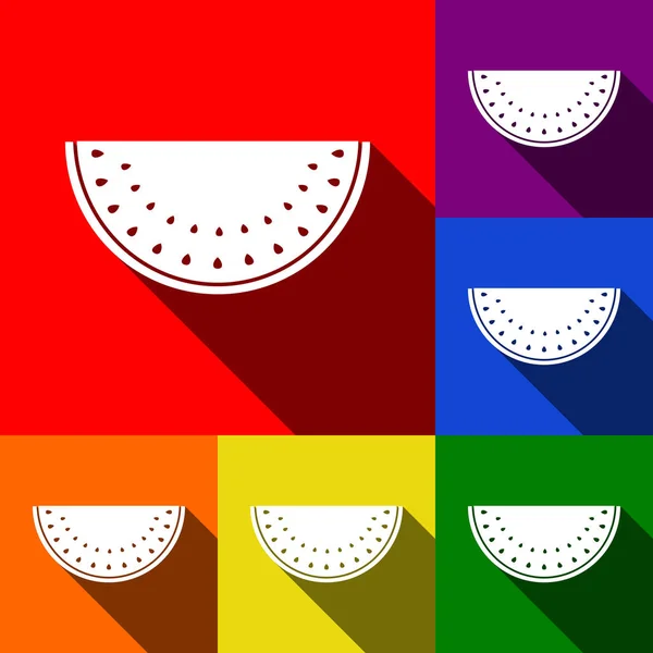 Segno di anguria. Vettore. Set di icone con ombre piatte su sfondo rosso, arancione, giallo, verde, blu e viola . — Vettoriale Stock