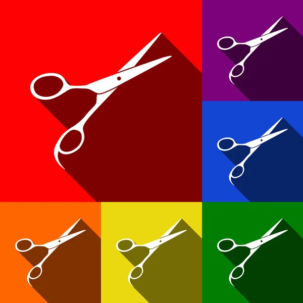 Haarschnitt-Schere Zeichen. Vektor. Icons mit flachen Schatten auf rotem, orangefarbenem, gelbem, grünem, blauem und violettem Hintergrund. — Stockvektor