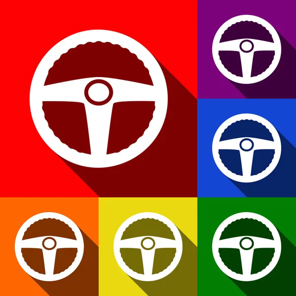 Auto bestuurder teken. Vector. Set van pictogrammen met platte schaduwen op de rode, oranje, geel, groen, blauw en violet achtergrond. — Stockvector