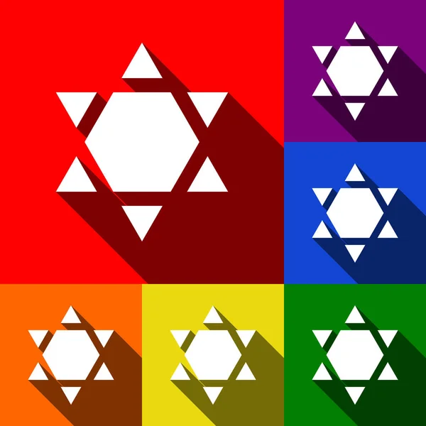 Shield Magen David Star Inverse. Symbol of Israel inverted. Vector. Set of icons with flat shadows at red, orange, yellow, green, blue and violet background. — Stock Vector
