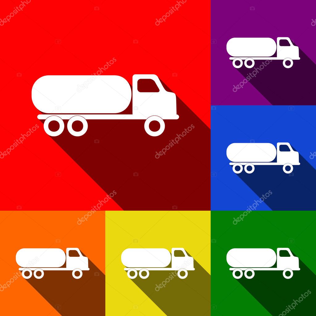 Car transports sign. Vector. Set of icons with flat shadows at red, orange, yellow, green, blue and violet background.