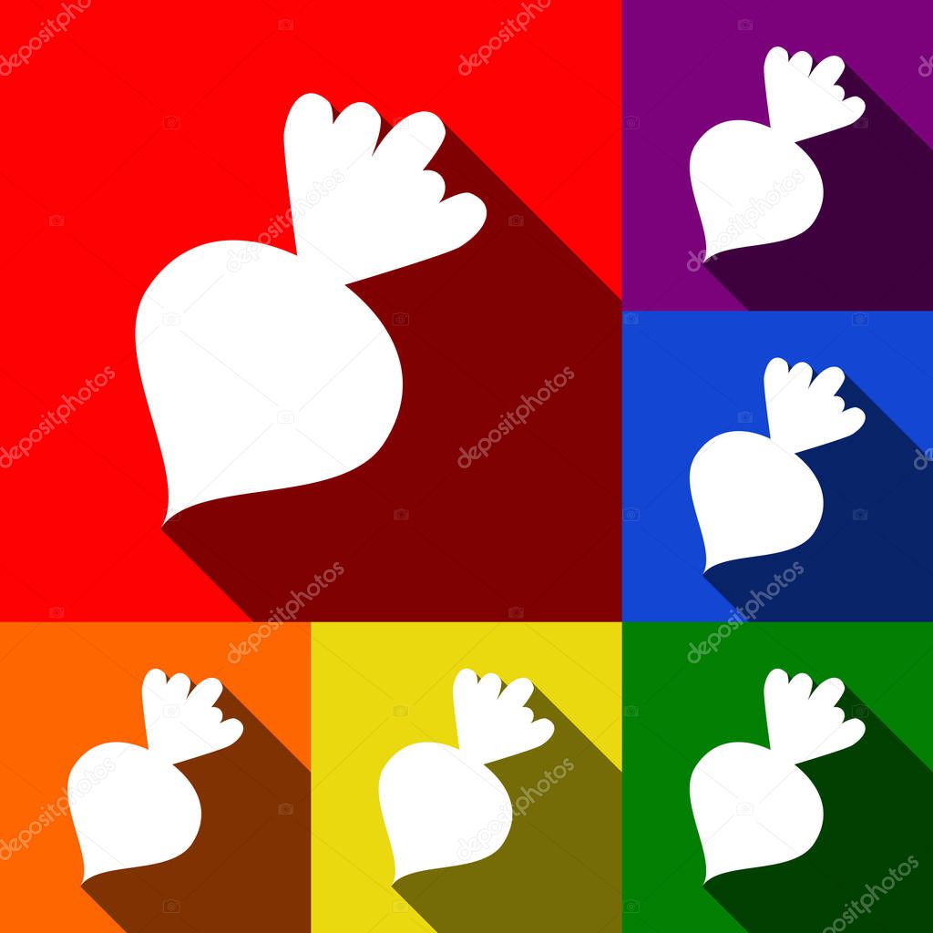 Beet simple sign. Vector. Set of icons with flat shadows at red, orange, yellow, green, blue and violet background.