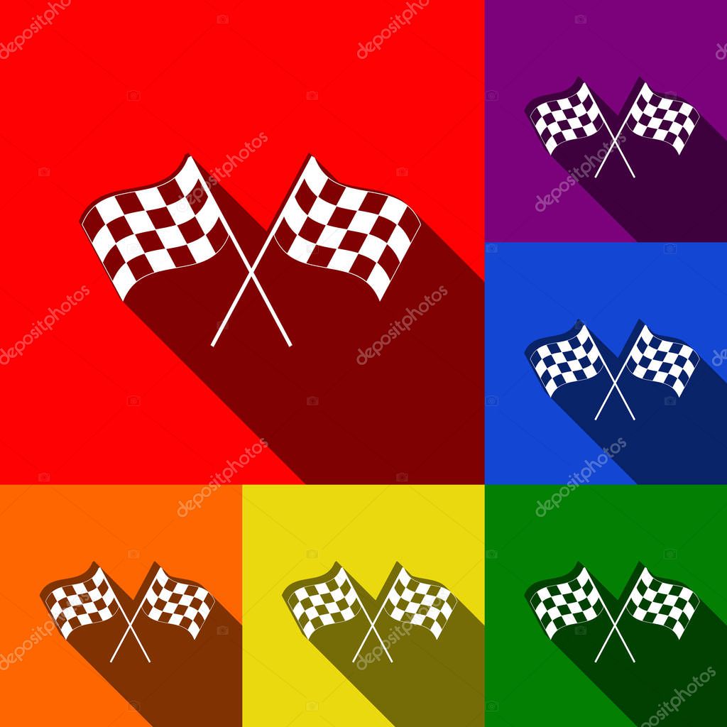 Crossed checkered flags logo waving in the wind conceptual of motor sport. Vector. Set of icons with flat shadows at red, orange, yellow, green, blue and violet background.
