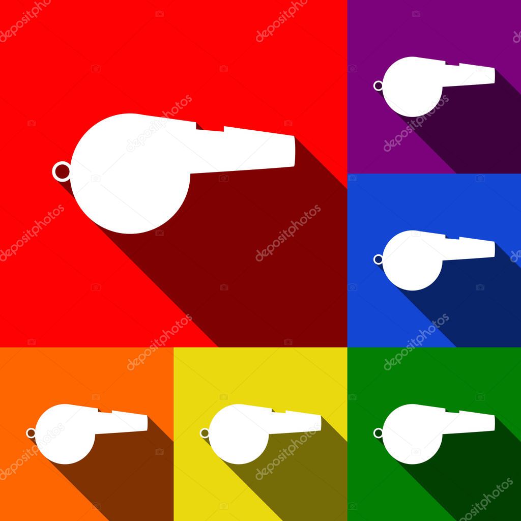 Whistle sign. Vector. Set of icons with flat shadows at red, orange, yellow, green, blue and violet background.