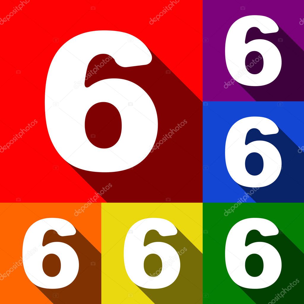 Number 6 sign design template element. Vector. Set of icons with flat shadows at red, orange, yellow, green, blue and violet background.