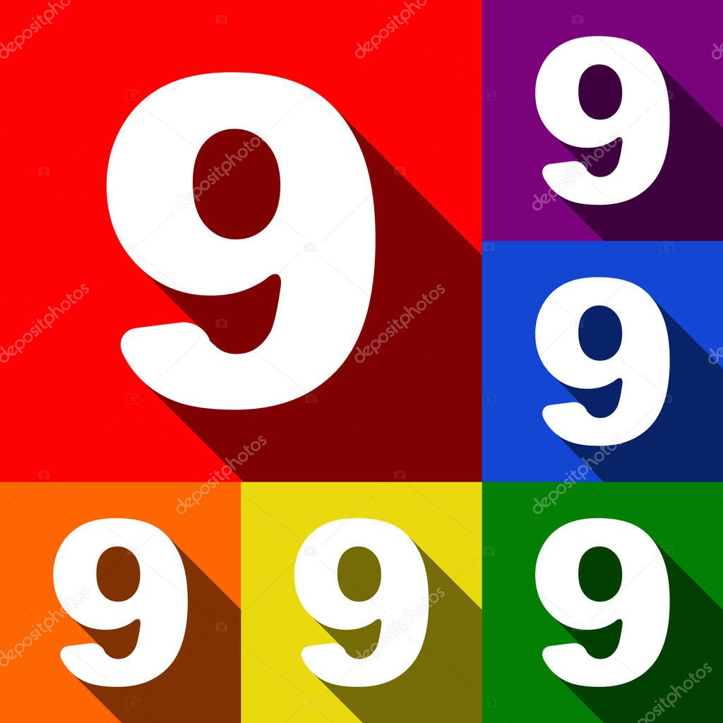 Number 9 sign design template element. Vector. Set of icons with flat shadows at red, orange, yellow, green, blue and violet background.