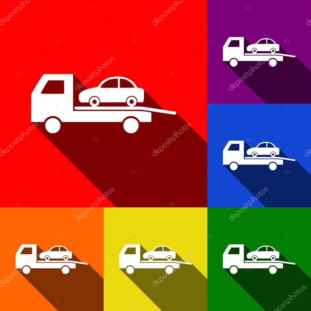 Tow car evacuation sign. Vector. Set of icons with flat shadows at red, orange, yellow, green, blue and violet background.
