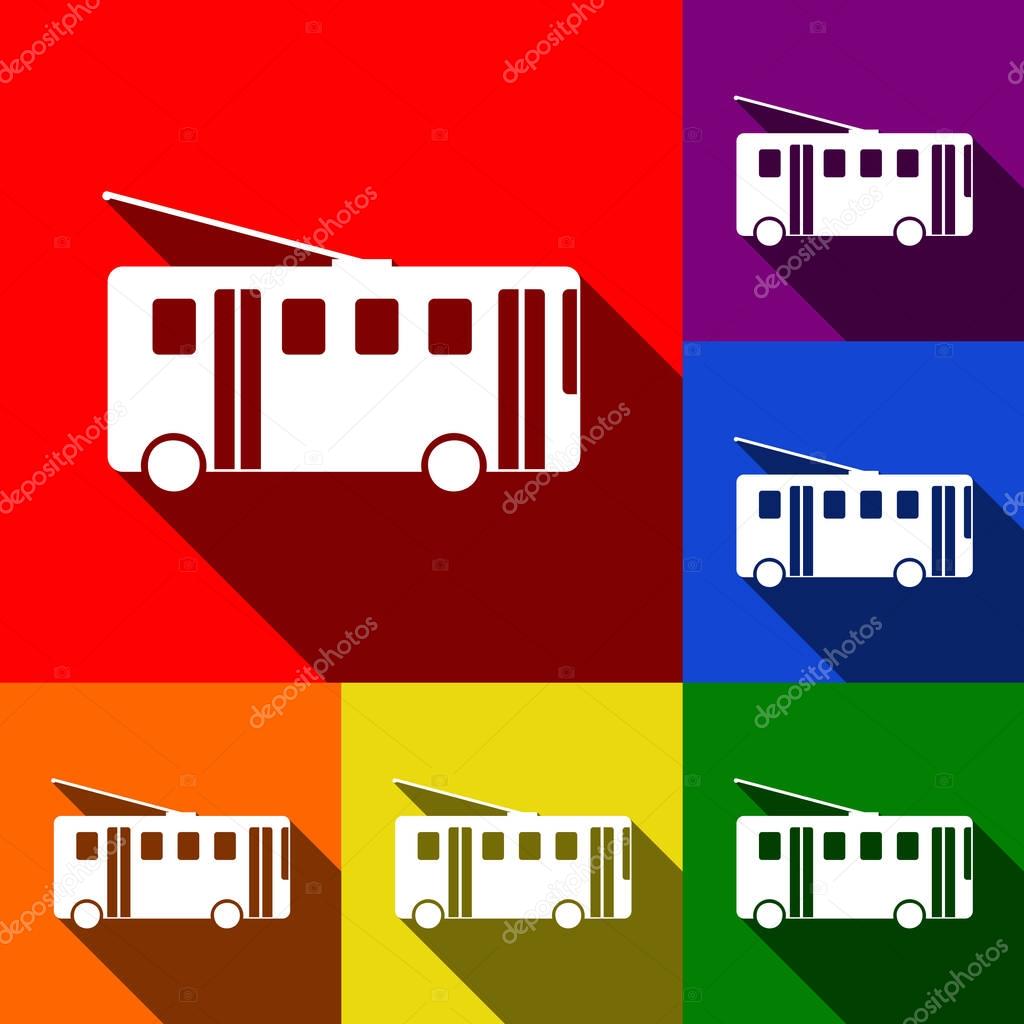 Trolleybus sign. Vector. Set of icons with flat shadows at red, orange, yellow, green, blue and violet background.