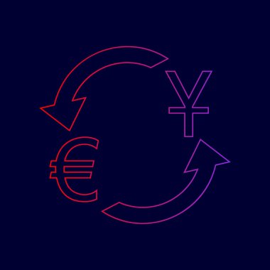 Döviz Alım Satım işareti. Dolar ve Euro. Vektör. Menekşe renk koyu mavi zemin üzerine kırmızı üzerinden gradyan ile satırı simgesi.