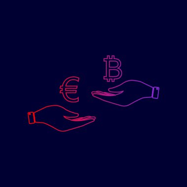 El el üzerinden Döviz Alım Satım. Euro Bitcoin bir. Vektör. Menekşe renk koyu mavi zemin üzerine kırmızı üzerinden gradyan ile satırı simgesi.